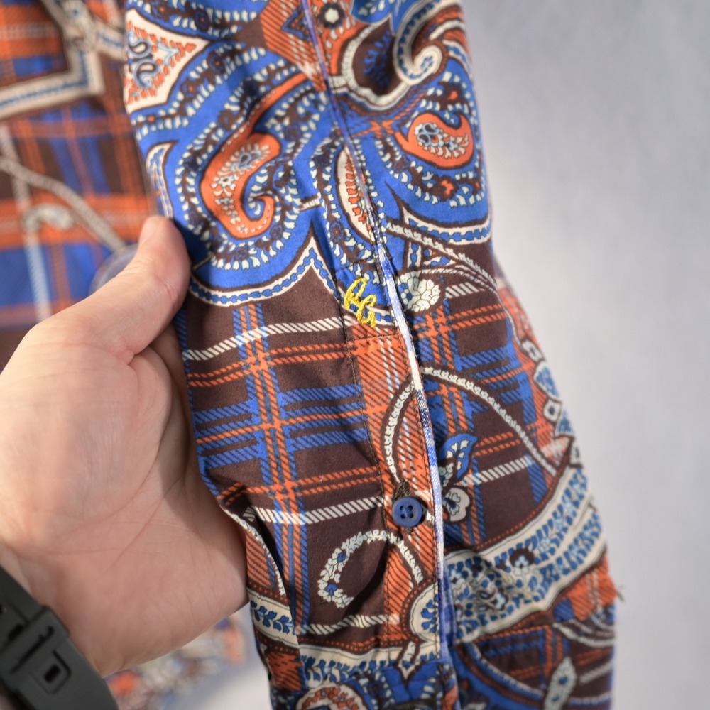 Robert Graham Mens Paisley Plaid Button Down Shirt Blue Orange Classic Fit L - Picture 13 of 13